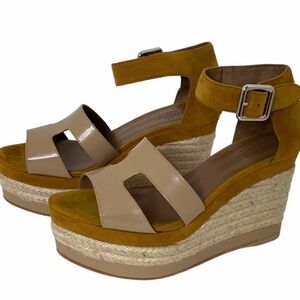 Hermes Elda Beige Nude Suede Patent Leather Wedge Sandals Shoes Espadrilles 9